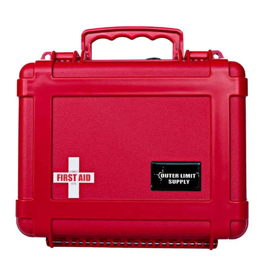 Red hard-shell Waterproof 6500 Series First Aid Kit with elastic patch bandages inside