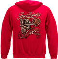 Red hooded sweatshirt featuring firefighter skull American design in Skull American Classic style