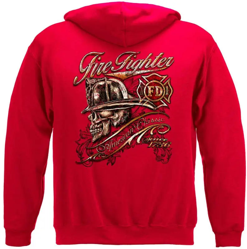 Red hooded sweatshirt featuring firefighter skull American design in Skull American Classic style