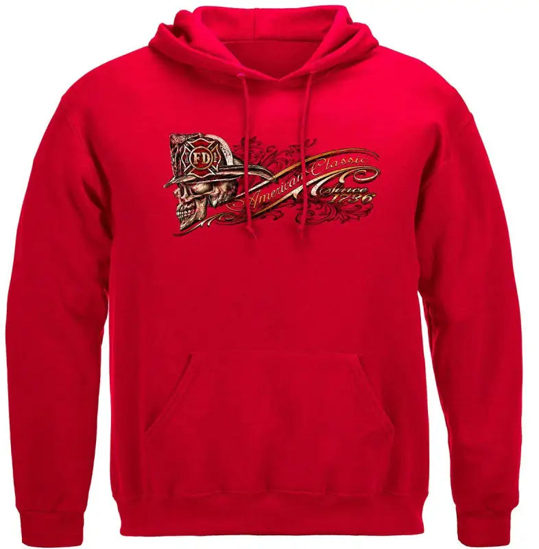 Red hooded sweatshirt from the Firefighter Skull American Classic Premium T-Shirt collection