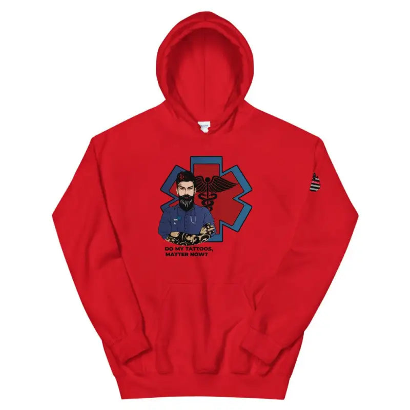 Red hooded sweatshirt featuring cartoon EMT design, perfect for Tattoos Matter Version