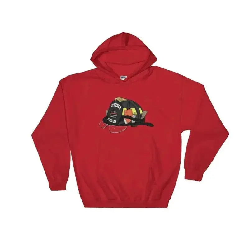 Red hooded sweatshirt featuring coffee and pastry design, perfect for Engineer Helmet - Hoodie