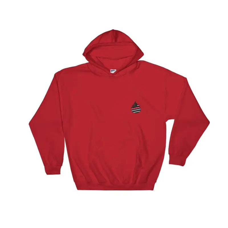 Red hooded sweatshirt with embroidered logo, part of Fire Alarm - Hoodie collection