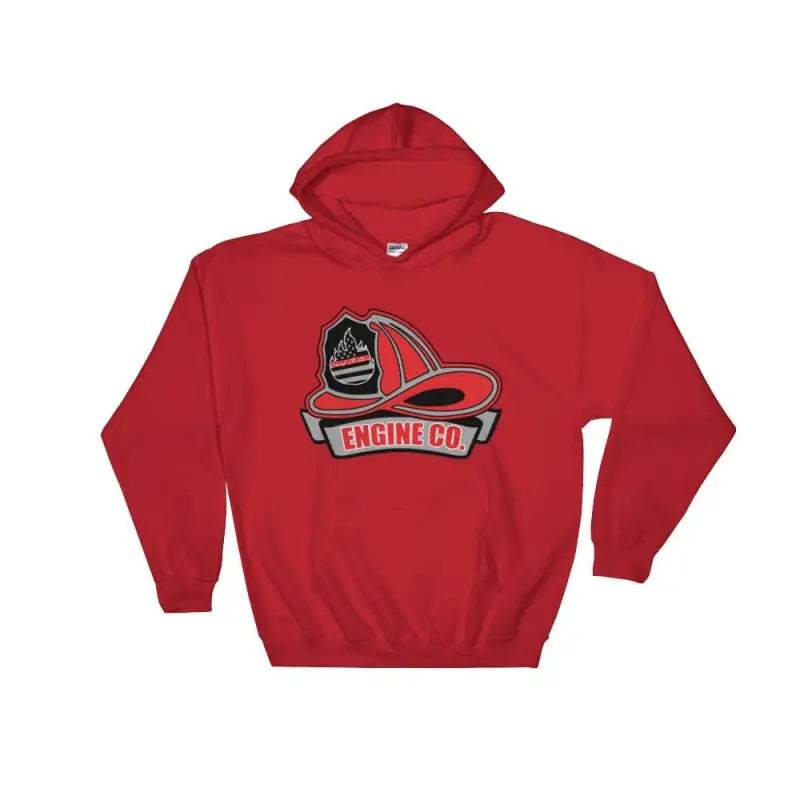 Red hooded sweatshirt with firefighter helmet logo and Engine Co. text design in 3XL 4XL 5XL