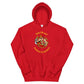 Red hooded unisex hoodie featuring firefighter-themed emblem design