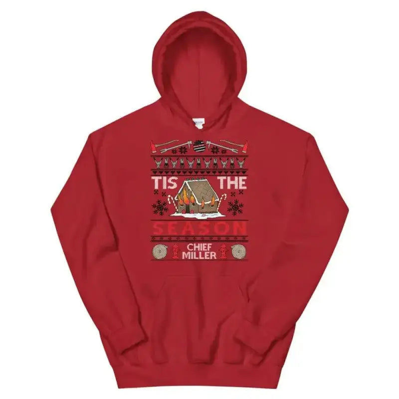 Red hooded sweatshirt with gingerbread house design in Ugly Christmas Hoodie style