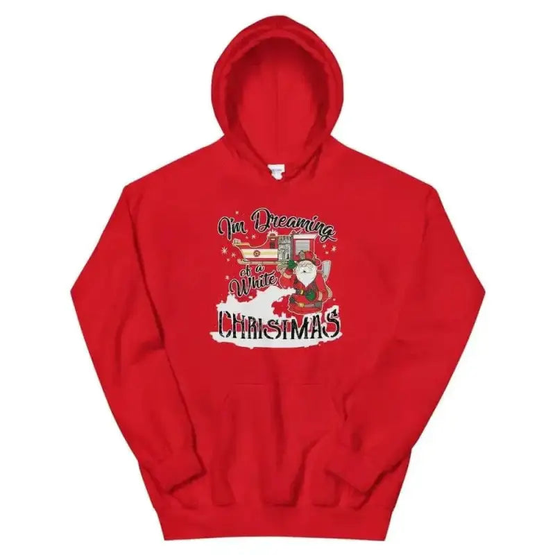 Red hooded sweatshirt with vintage Christmas truck design, White Christmas Unisex Hoodie