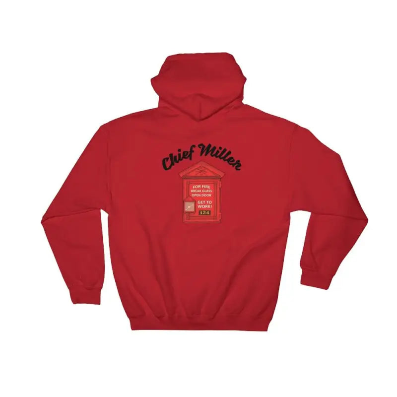 Red hoodie sweatshirt with Chief Miller graphic, perfect for Fire Alarm - Hoodie fans