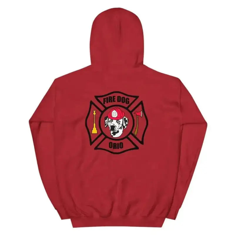 Red hoodie sweatshirt featuring fire department Maltese cross logo for Orio The Fire Dog