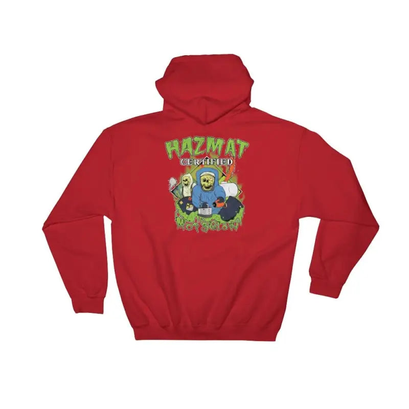 Red Hazmat Certified Hoodie with cartoon graphic design on the front