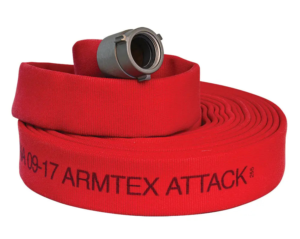 Red fire hose with metal coupling from ATI Armtex Attack Double Jacket Fire Hose product
