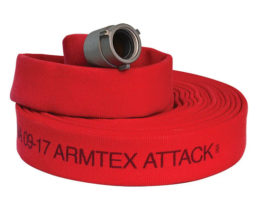 Red fire hose with metal coupling from ATI Armtex Attack Double Jacket Fire Hose product