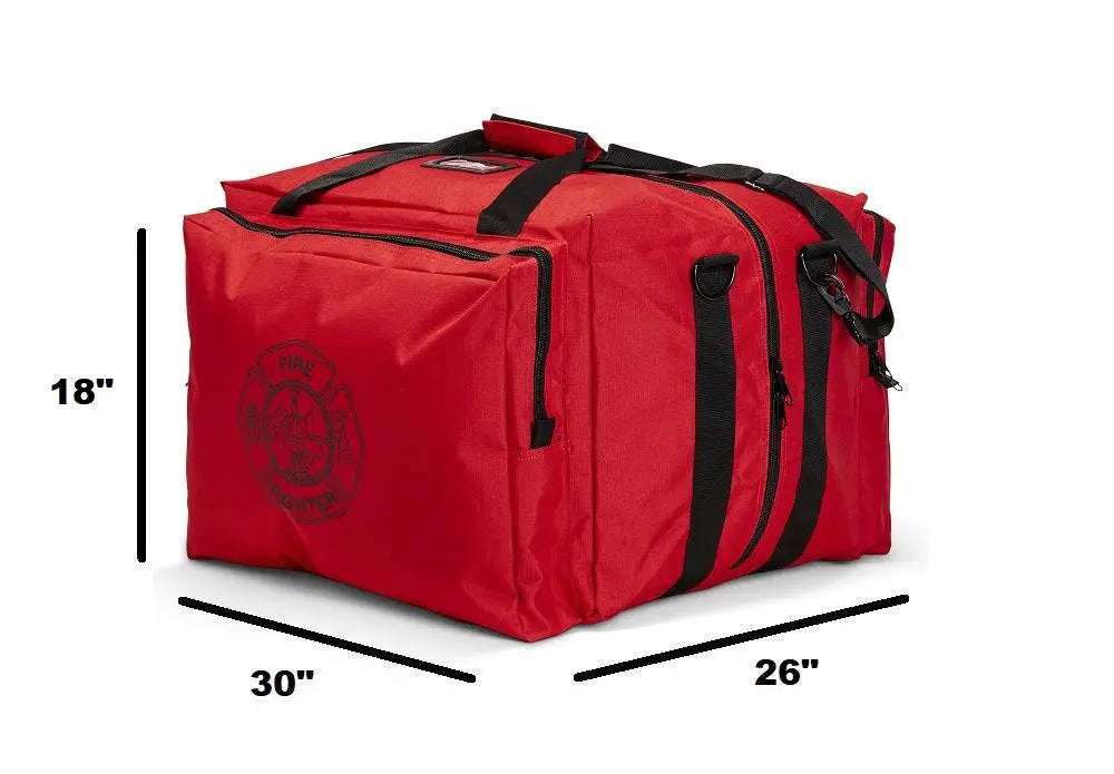 Red insulated food delivery bag with straps featured in Line2Design Deluxe Step-In Firefighter Gear Bag