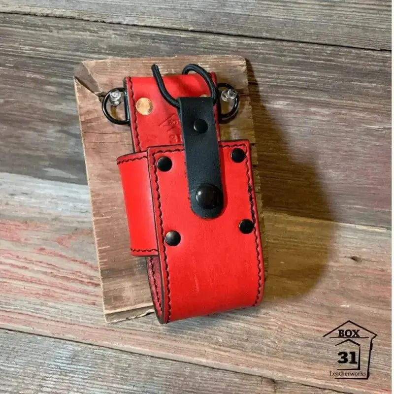 Red leather radio holster with black strap and metal hardware for Universal Radio Bucket