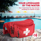 Red lifeguard fanny pack from Fully Stocked First Aid Waist Kit for first responders