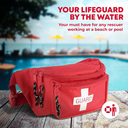 Red lifeguard fanny pack from Fully Stocked First Aid Waist Kit for first responders