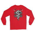 Red long sleeve Snake On A Fire Stick t-shirt with EMT symbol on back