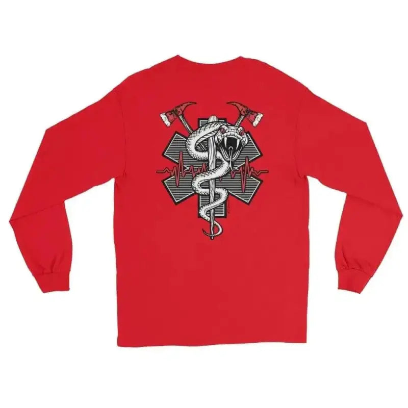 Red long sleeve Snake On A Fire Stick t-shirt with EMT symbol on back