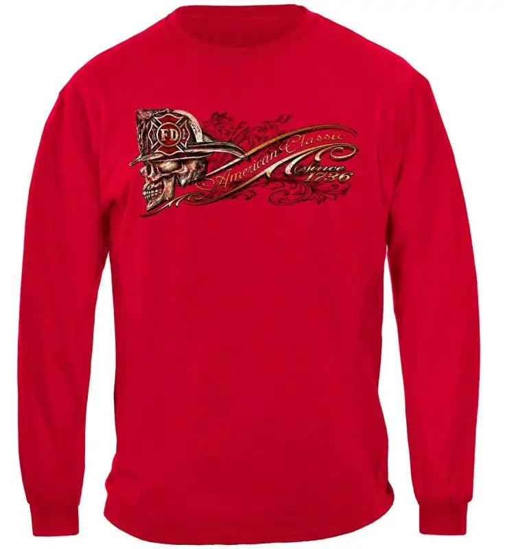 Red Long-Sleeved Shirt from Firefighter Skull American Classic Premium T-Shirt