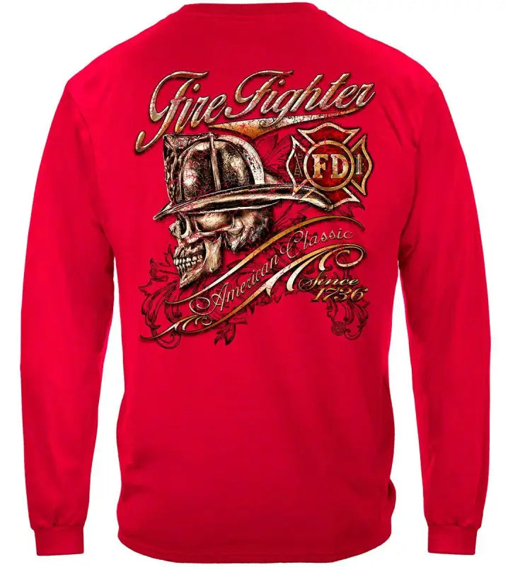 Red firefighter skull American classic T-shirt with skull American graphic design