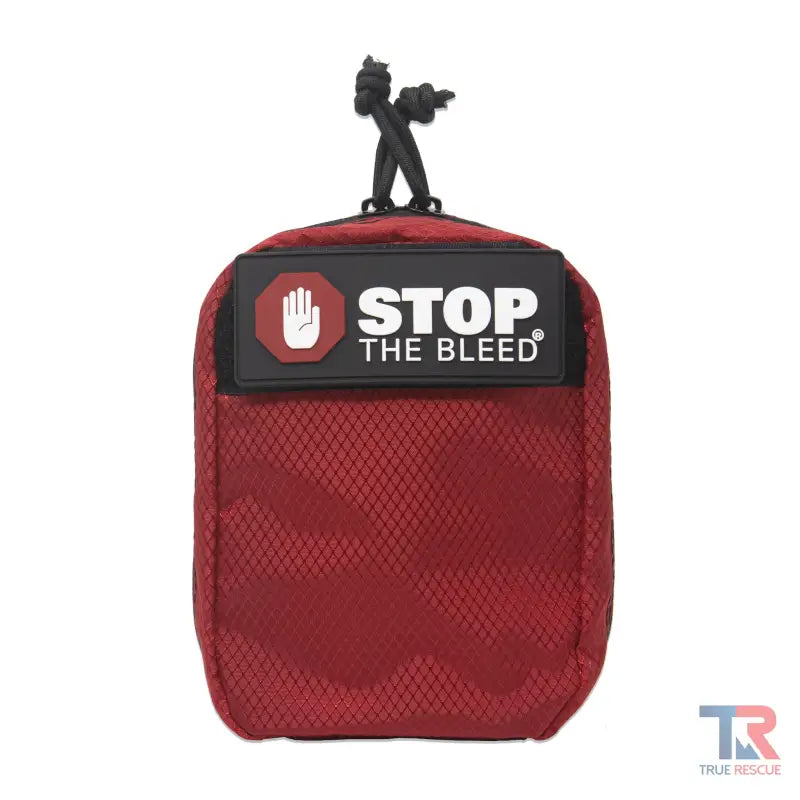 Red medical first aid kit for STOP THE BLEED with QuikClot premium bleeding control supplies