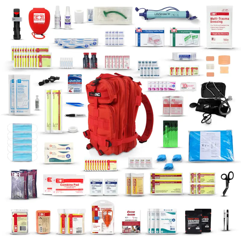 Red medical backpack with supplies, tactical trauma kit for emergency preparedness