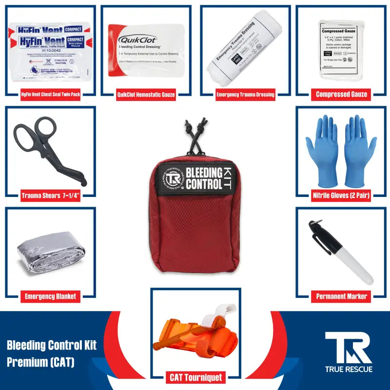 Red Bleeding Control Kit with Hemostatic Dressing and Wall Mount alongside first aid supplies