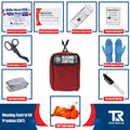 Red Bleeding Control Kit with Wall Mount and surrounding first aid supplies for emergencies