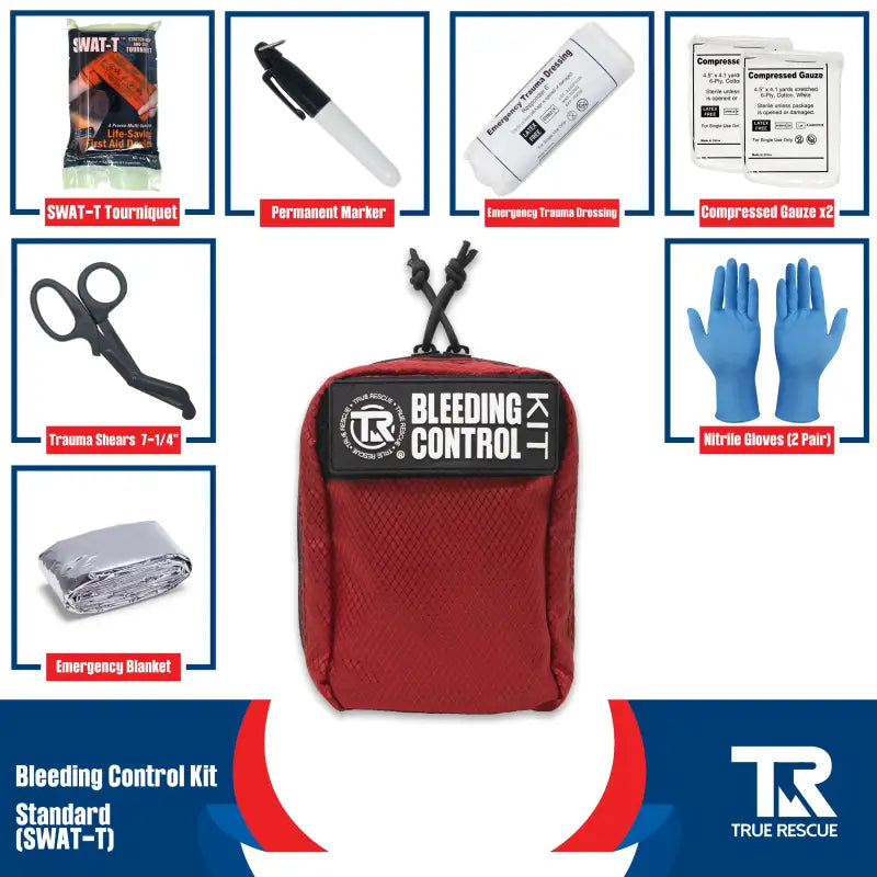 Red Bleeding Control Kit with hemostatic dressing and first aid supplies on wall mount