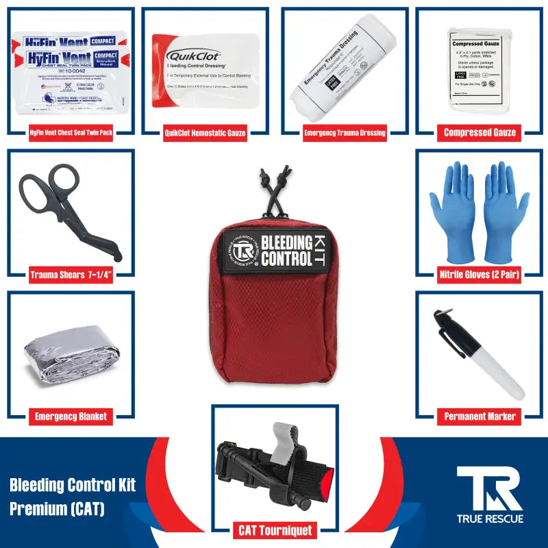 Red Bleeding Control Kit with Hemostatic Dressing and First Aid Supplies on Wall Mount