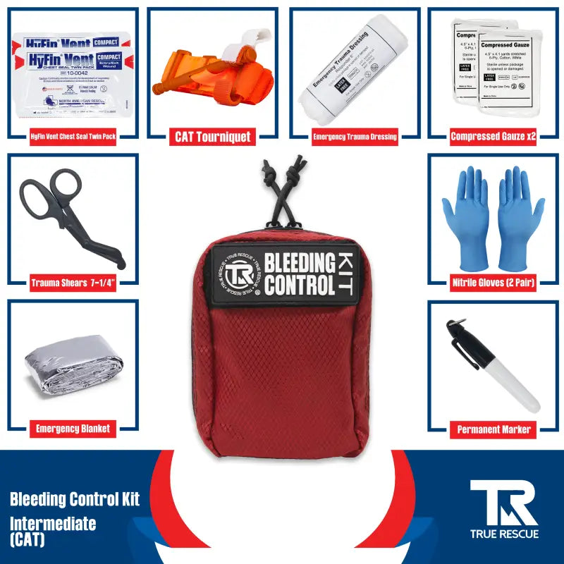 Red Bleeding Control Kit with black logo, includes hemostatic dressing and wall mount