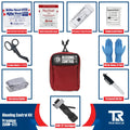 Red Bleeding Control Kit with Wall Mount featuring hemostatic dressing and emergency supplies