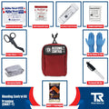 Red Bleeding Control Kit with Wall Mount featuring hemostatic dressing and emergency supplies