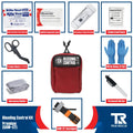 Red Bleeding Control Kit with Wall Mount, featuring hemostatic dressing and emergency supplies