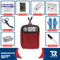 Red Bleeding Control Kit with Wall Mount and surrounding first aid supplies, including hemostatic dressing