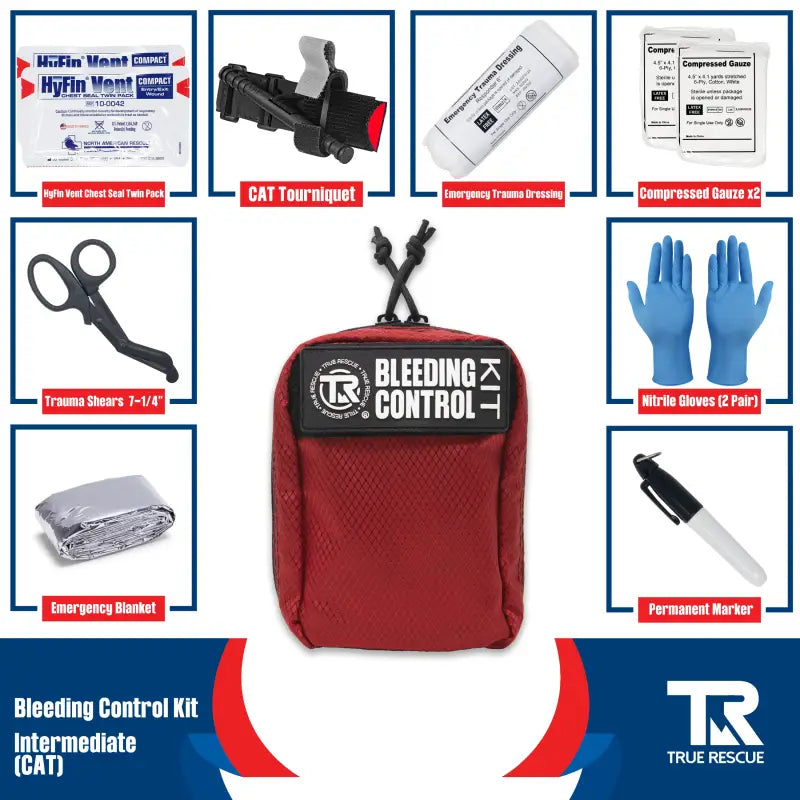 Red Bleeding Control Kit pouch with hemostatic dressing and first aid supplies on wall mount