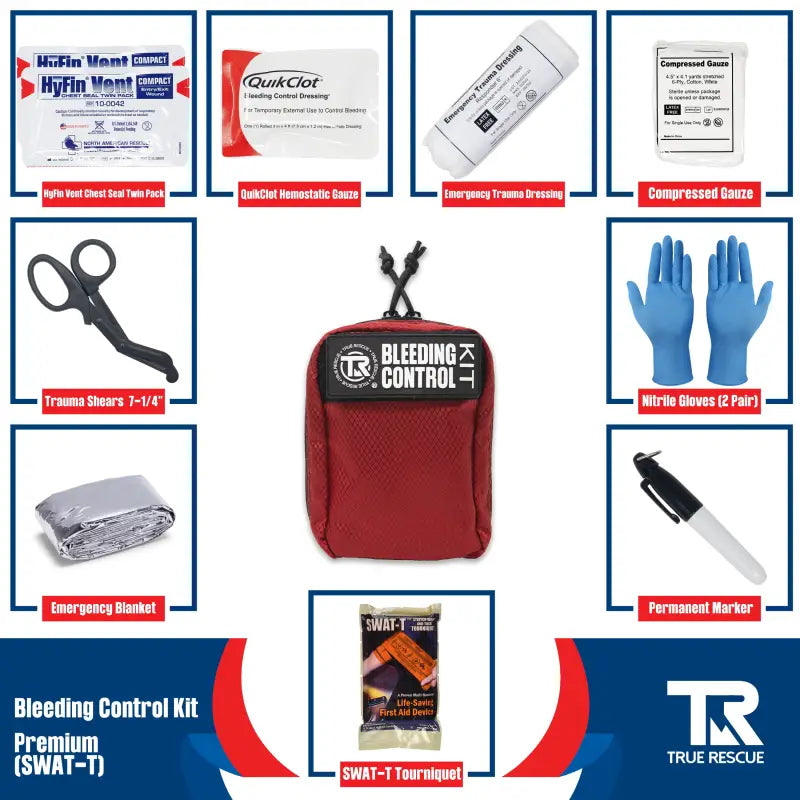 Red Bleeding Control Kit pouch with first aid supplies and a wall mount setup