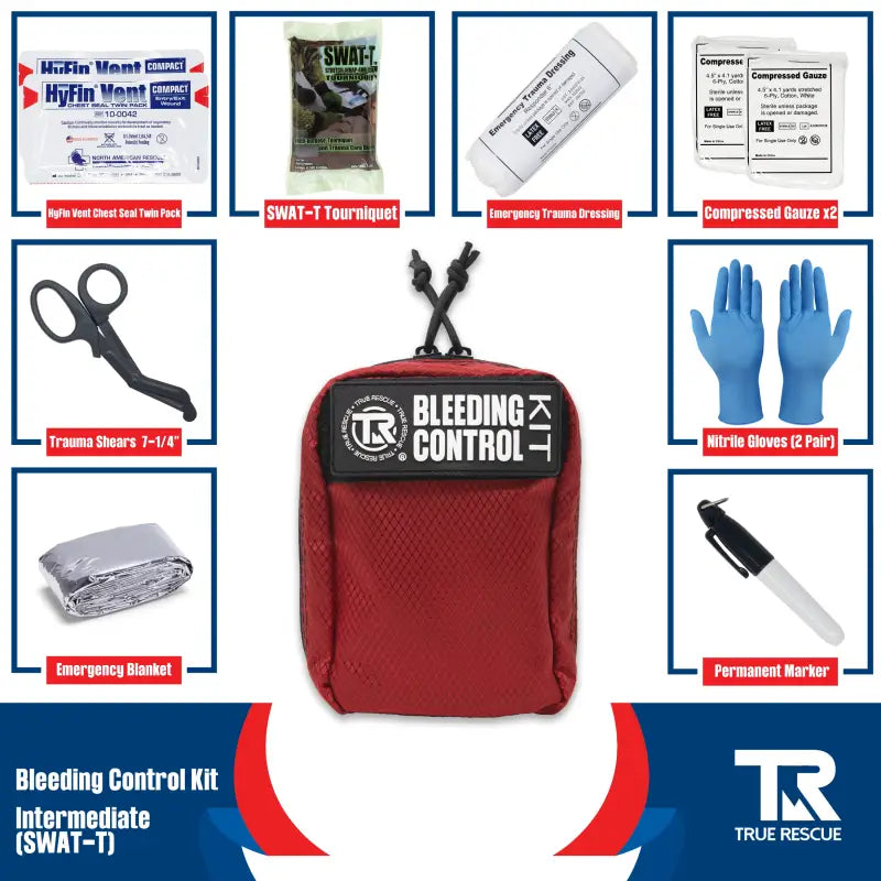 Red Bleeding Control Kit pouch with crossed medical shears logo for wall mount use