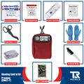 Red Bleeding Control Kit with hemostatic dressing and first aid supplies on wall mount