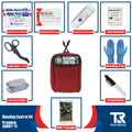 Red Bleeding Control Kit with Wall Mount and hemostatic dressing, surrounded by supplies