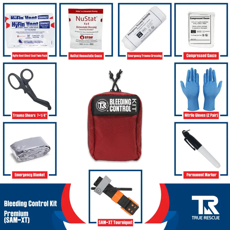 Red bleeding control kit with hemostatic dressing and first aid supplies on wall mount