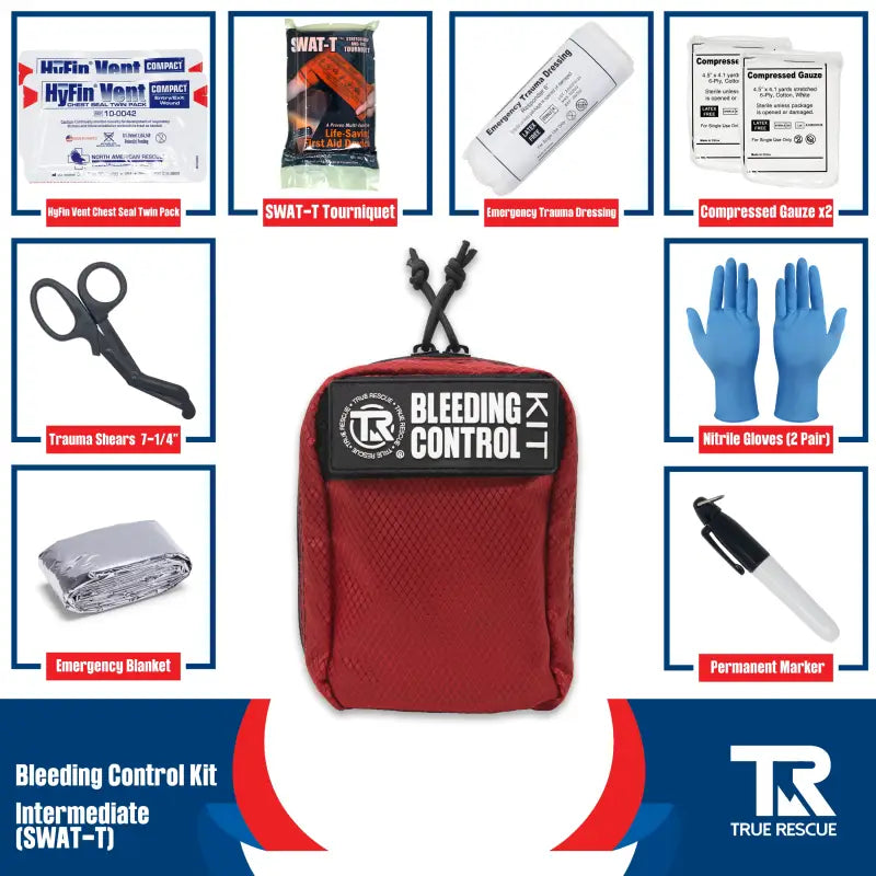 Red Bleeding Control Kit with hemostatic dressing and wall mount for emergency supplies