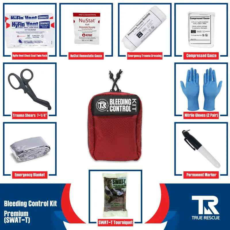 Red bleeding control kit with hemostatic dressing and first aid supplies, wall mount included