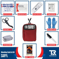 Red Bleeding Control Kit with Wall Mount and hemostatic dressing surrounded by first aid supplies