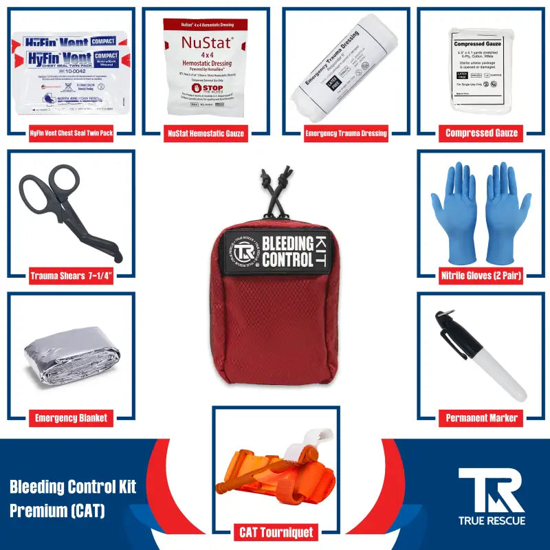 Red Bleeding Control Kit pouch with hemostatic dressing and first aid supplies on wall mount