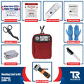 Red bleeding control kit pouch with hemostatic dressing and first aid supplies for wall mount