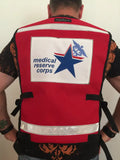 Red Medical Reserve Corps Vest with blue star logo and reflective stripe for safety