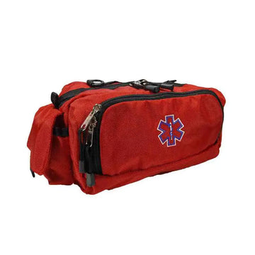 Red medical response bag with Star of Life emblem for EMT paramedic fanny pack use