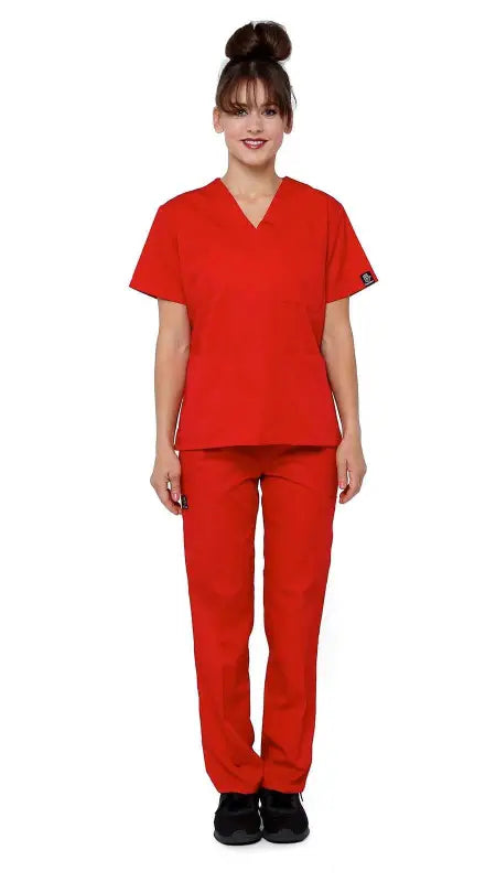 Red Women’s Classic 8 Pocket Uniform Scrubs with V-neck top and pen slot pants