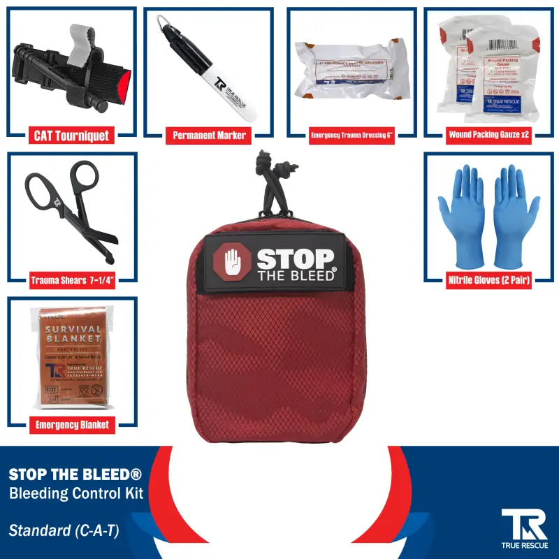 Red STOP THE BLEED bleeding control kit with QuikClot Premium and emergency supplies